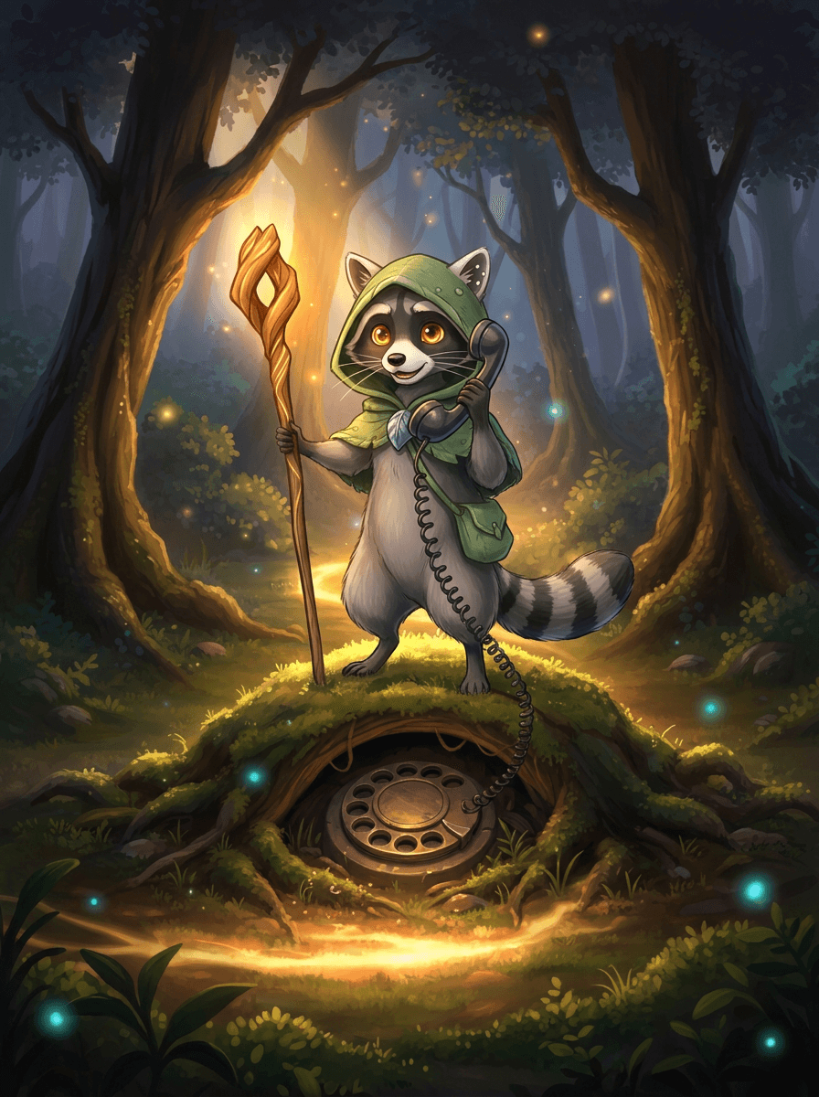 Raccoon metsänvihreässä hupussa seisoen lumoavassa metsässä pitelee hohtavaa sauvaa ja taikapuhelinta.