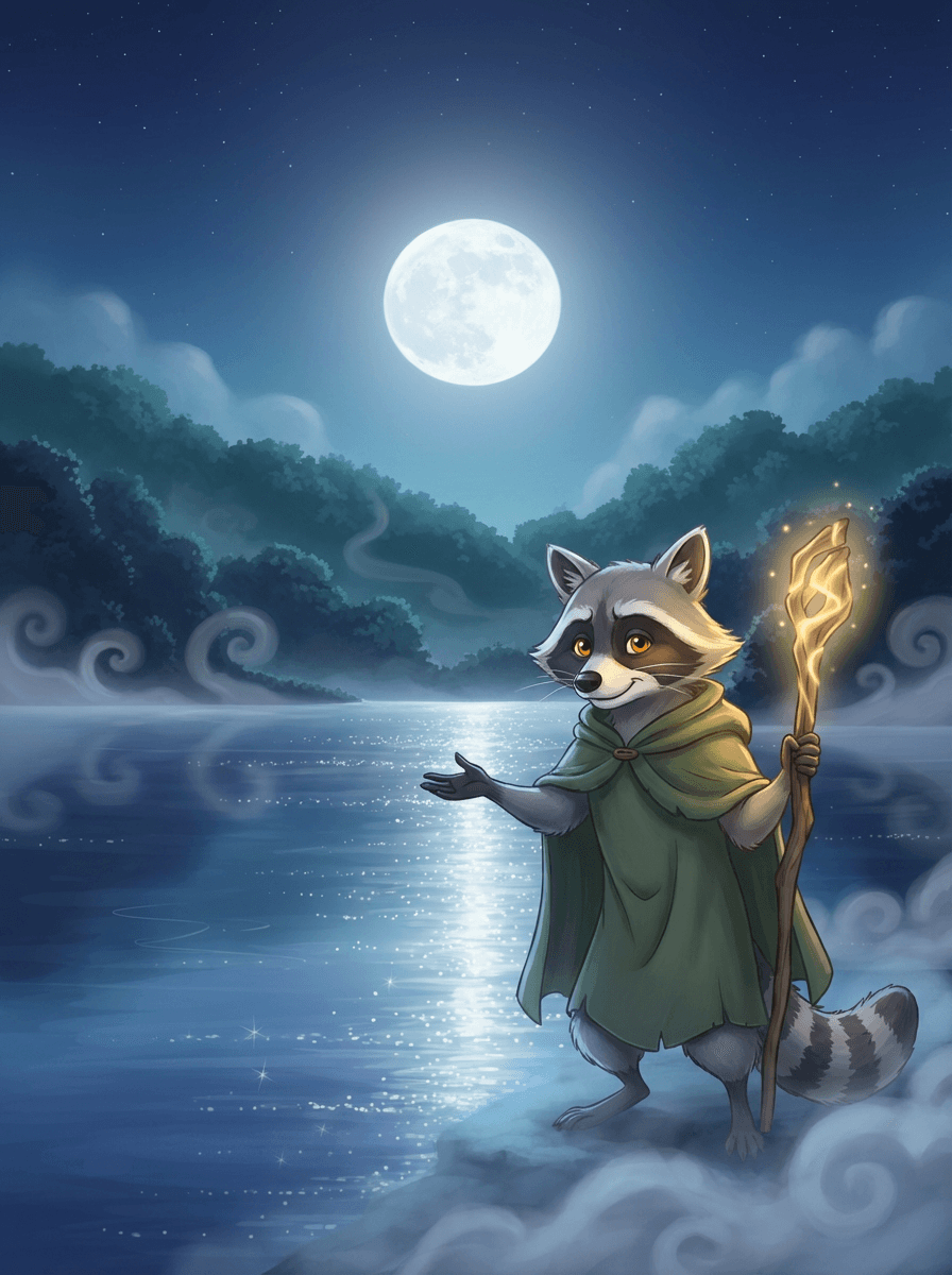 Múdry mýval Raccoon s čarovnou palicou na brehu mesačného jazera.