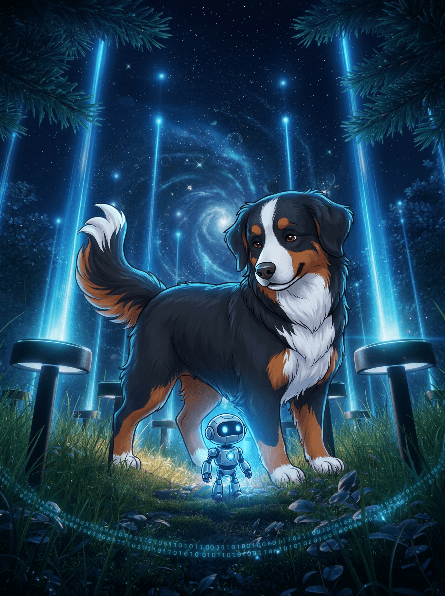 De Berner Sennen Trixi ontmoet de kleine glanzende robot Sparky in de tuin.