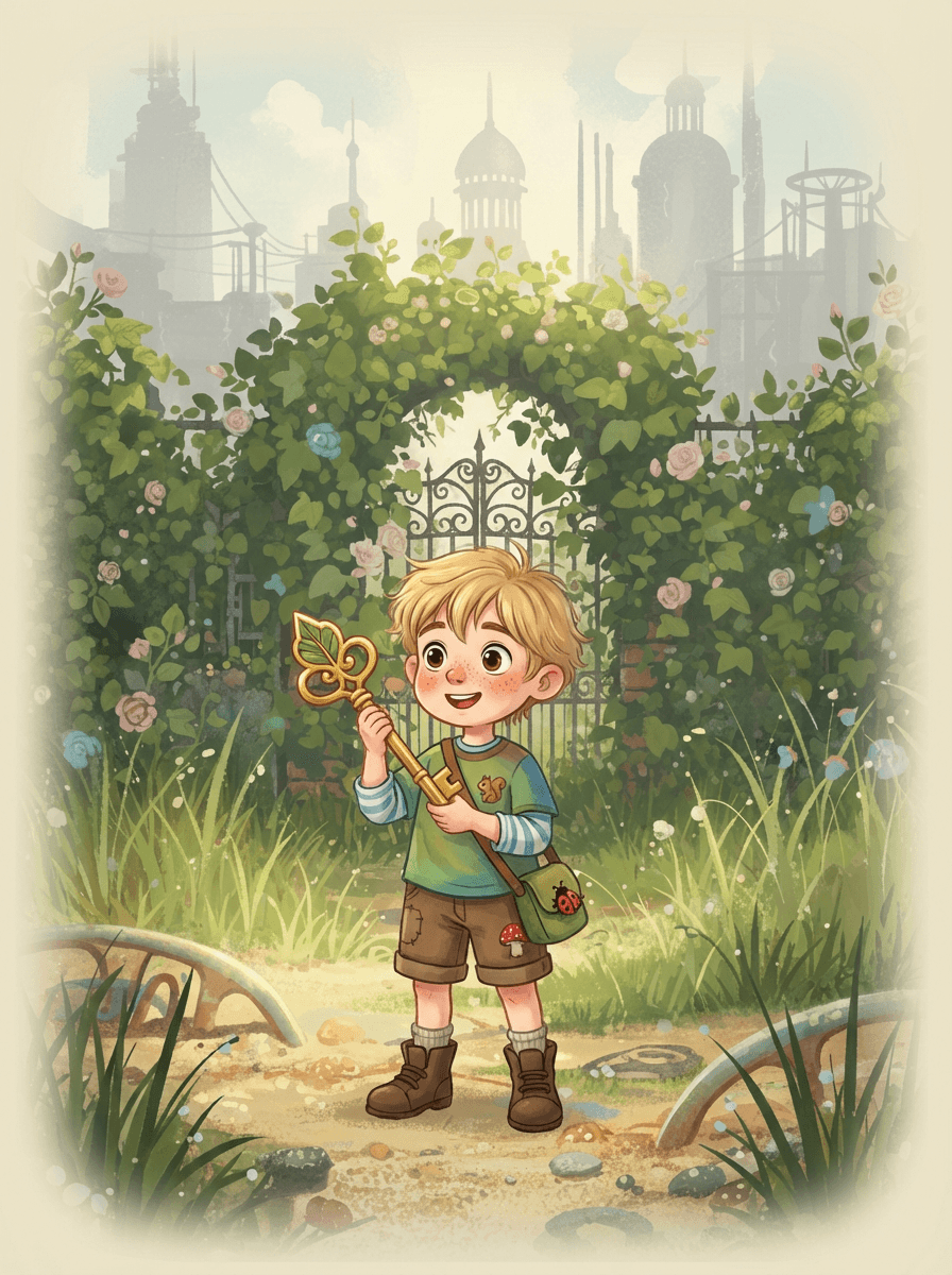 Leo, Mia, and Sam holding a leaf-shaped golden key near a gate.