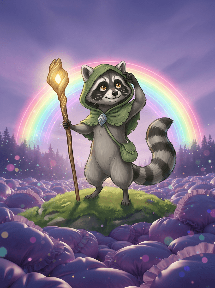 Mýval Raccoon v zelenej kapucni s magickou palicou hľadá koniec dúhy.
