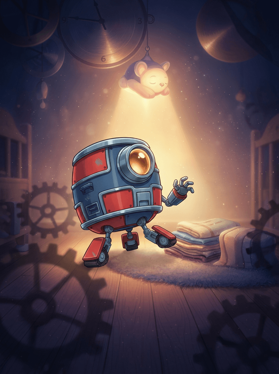 Le petit robot Beep avec son grand œil doré dans l'atelier.