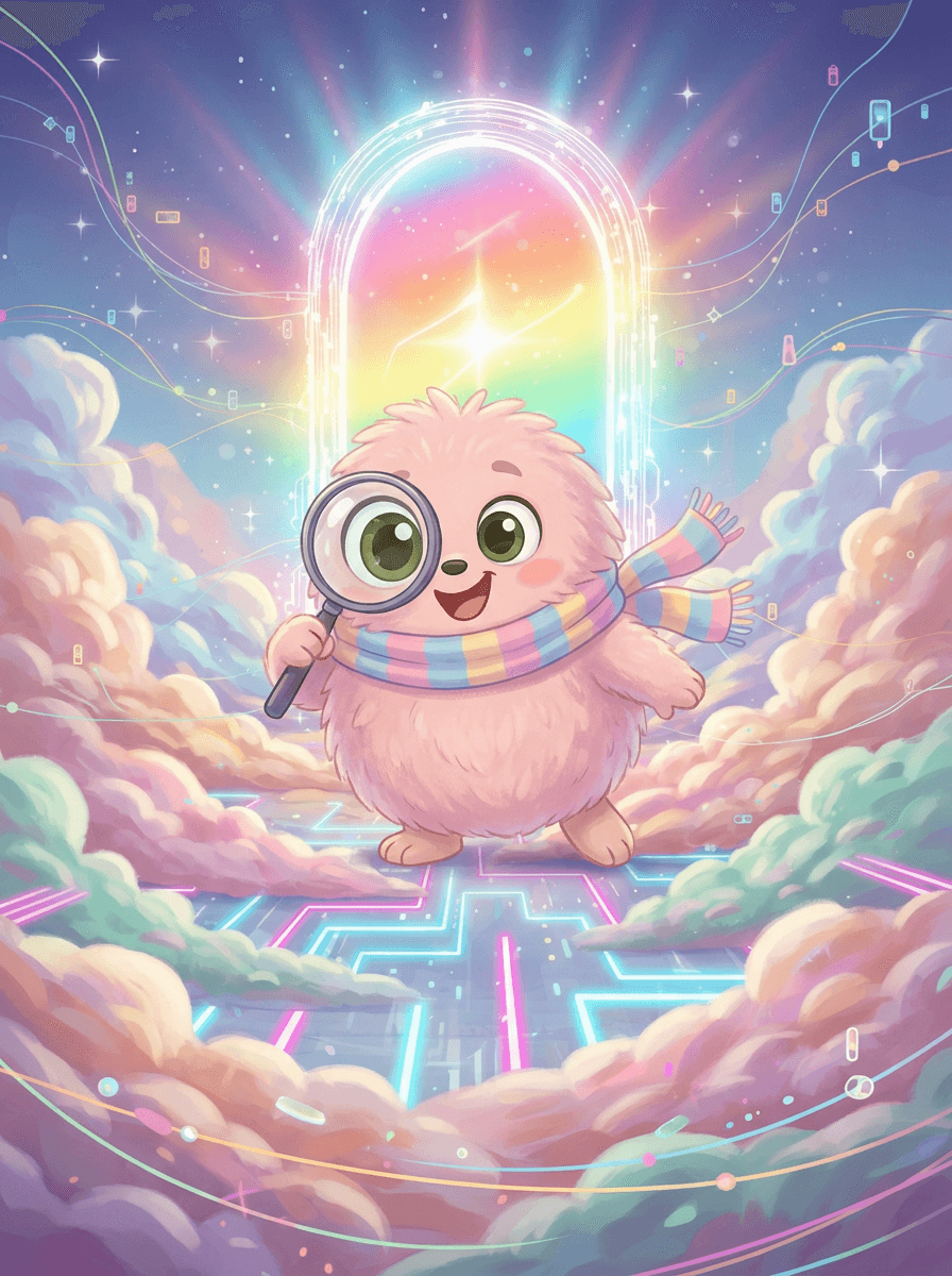 Etsivä Fluffy ja robottipöllö Bip seisovat sateenkaaren väreissä hohtavassa johtometsässä.