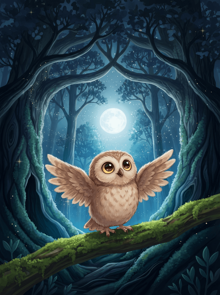 A fluffy Little Owl sits on a mossy branch under starlight.