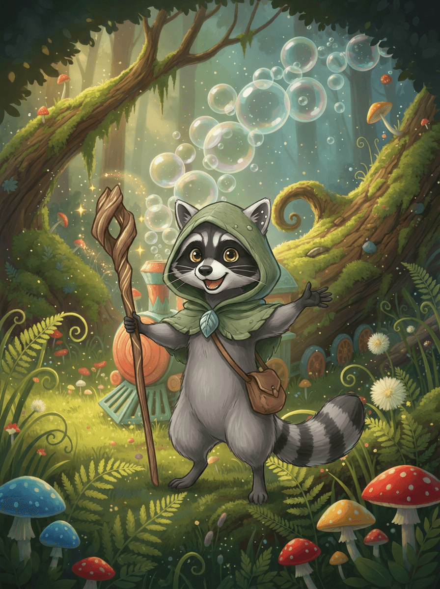 Raccoon cu baston magic lângă trenul său colorat din buștean.