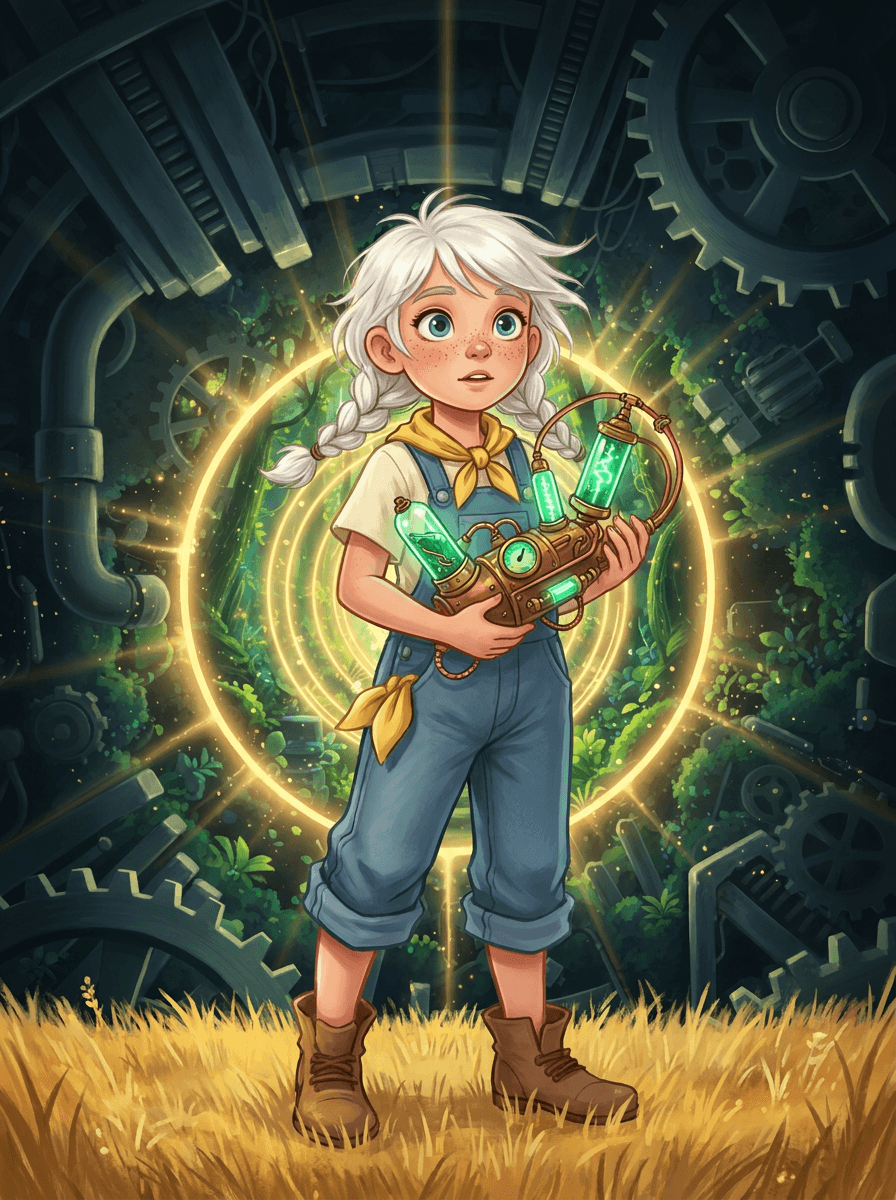 Zoe con treccine bionde usa il suo dispositivo tecnologico tra le piante.