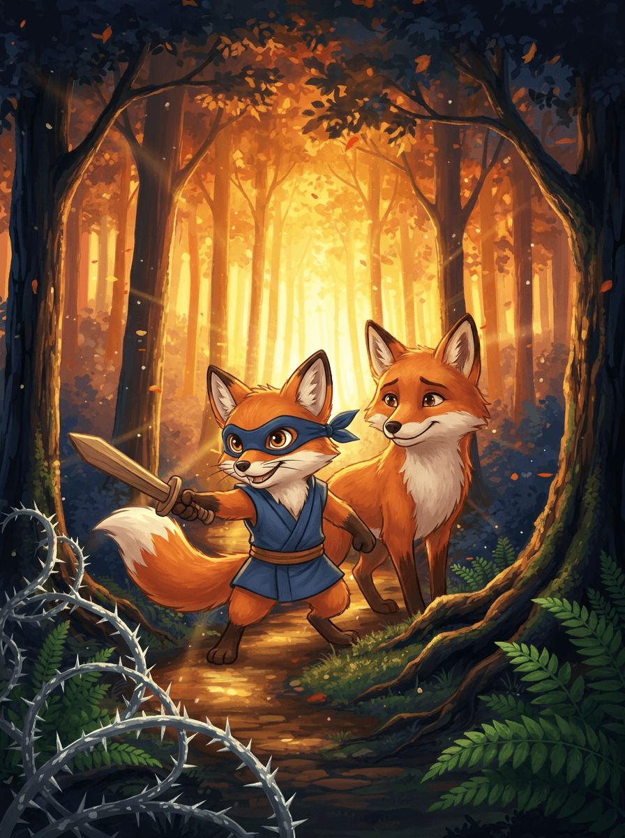 Cinder le petit renard ninja avec son épée en bois dans la forêt.