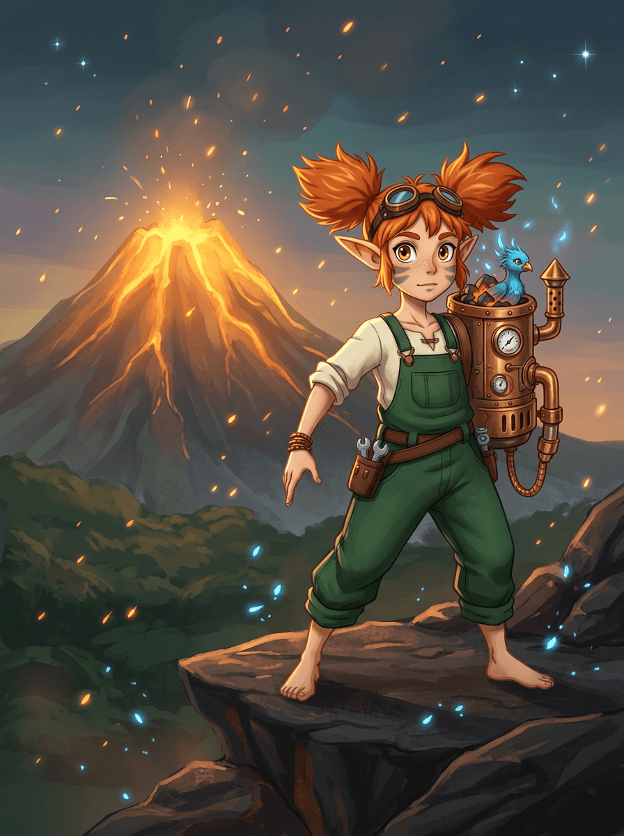 Spark la inventora con su mochila mágica frente a un volcán humeante.