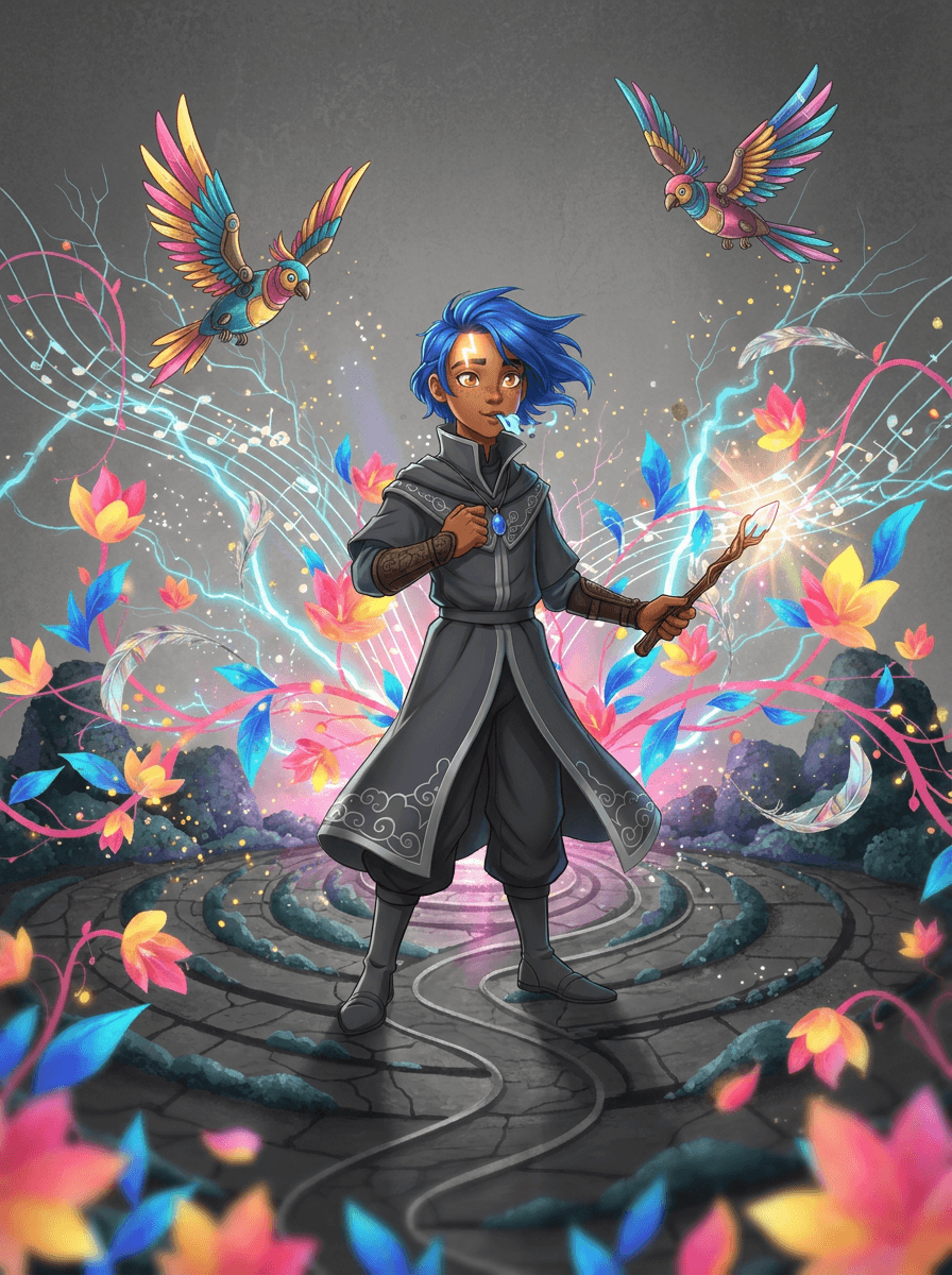 O pequeno Ryu com seus pássaros mecânicos no vibrante jardim colorido.