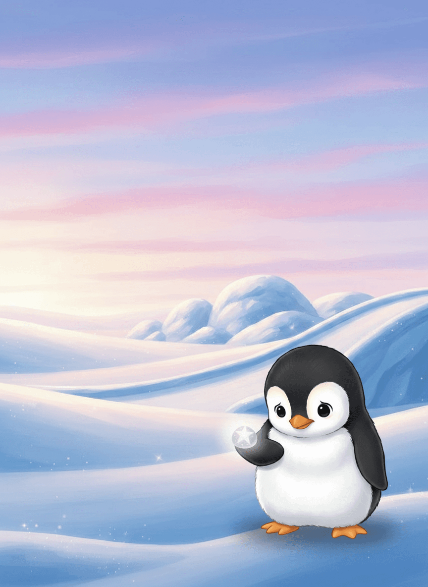 Pip the penguin holding a shiny pebble on the Big Blue Iceberg.