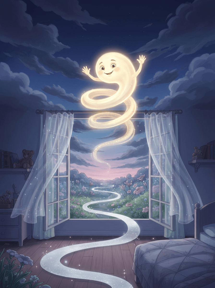 A glowing silver moonbeam follows Sophie through a room of long shadows.