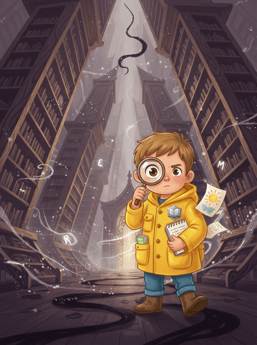 Detective Leo in a yellow raincoat explores a library of glowing books.