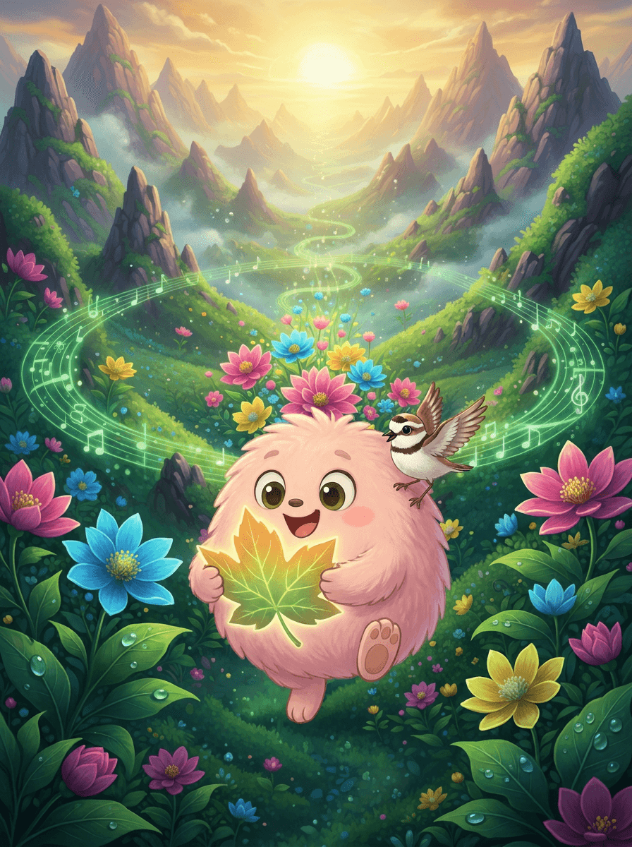 Pink furry Fluffy holding a glowing green leaf map in the woods.