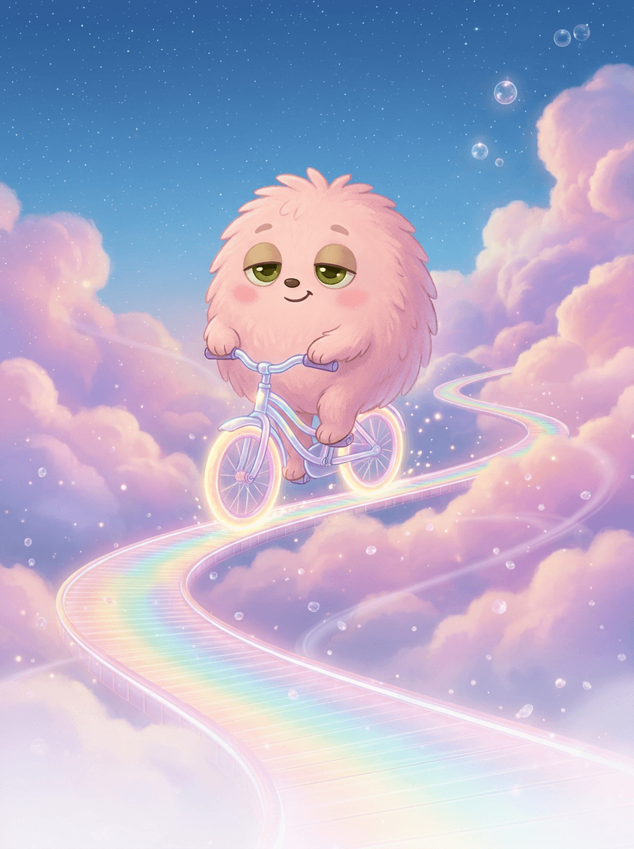 Маленький пушистик Fluffy на сияющем радужном велосипеде под звездным небом.
