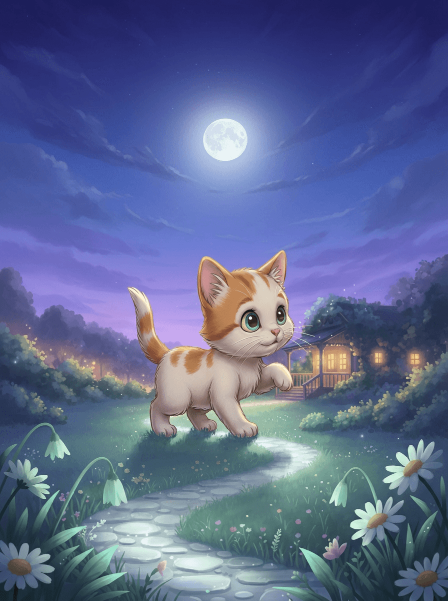 Kocourek Mňousek pozoruje zářící stříbrný měsíc na noční zahradě pod stromem.