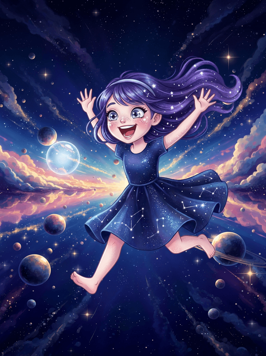 Nova con capelli viola gioca con la Lumiball tra i pianeti.