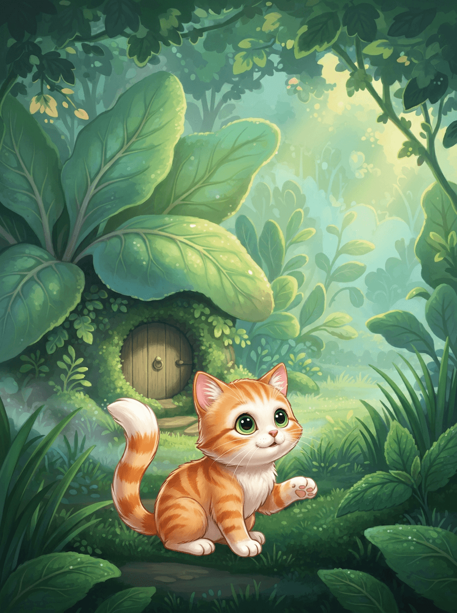 Miki the tiny kitten explores the shimmering green Minty Kingdom garden.