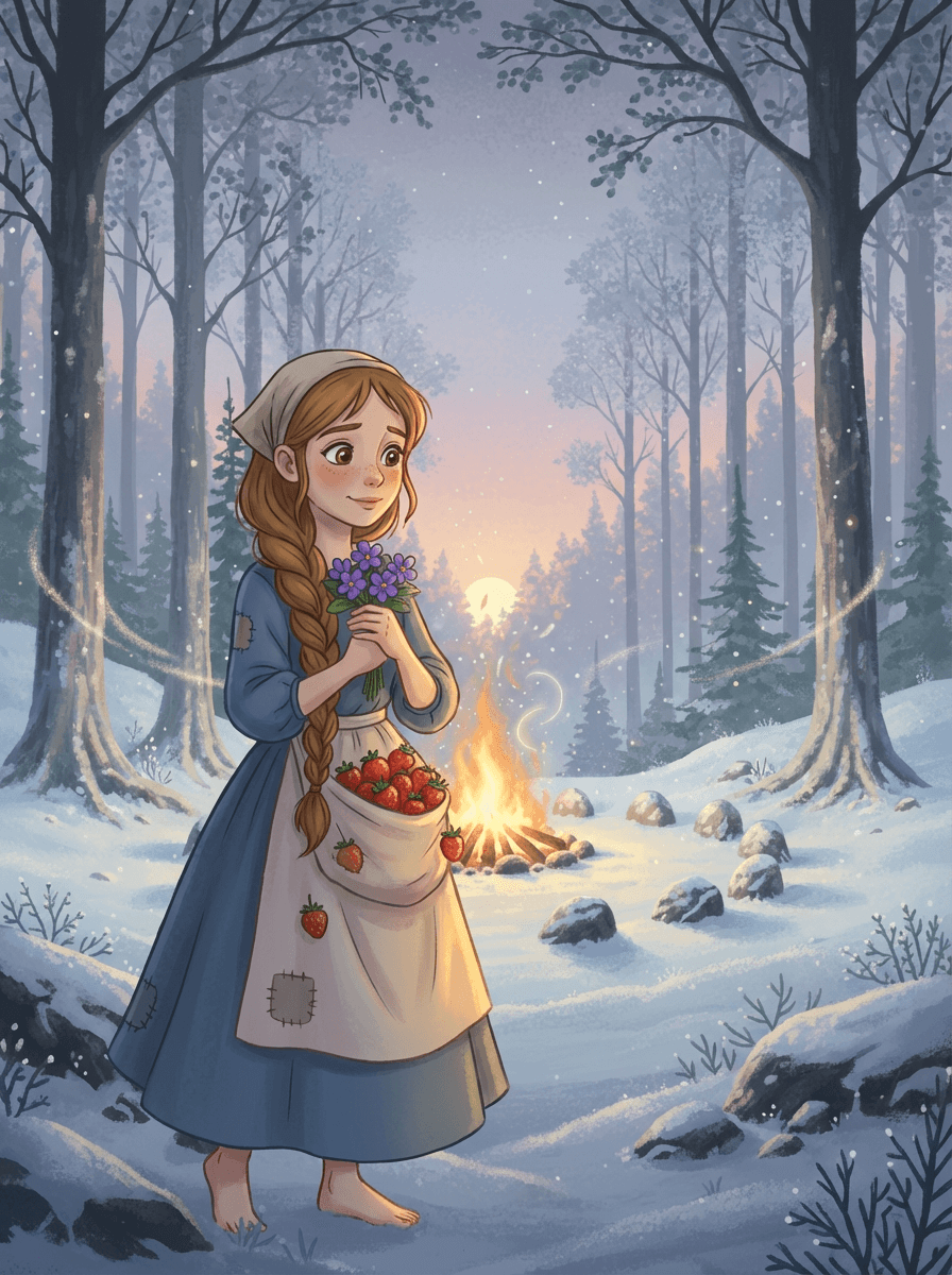 Laskavá Maruška stojí uprostřed zasněženého lesa u kouzelného ohně dvanácti měsíčků.