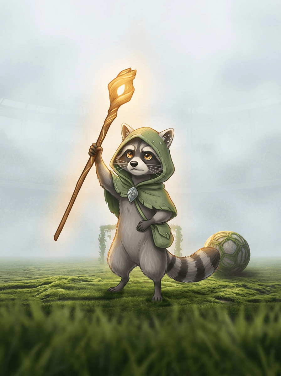 A hooded Raccoon holding a glowing staff on a foggy soccer field.