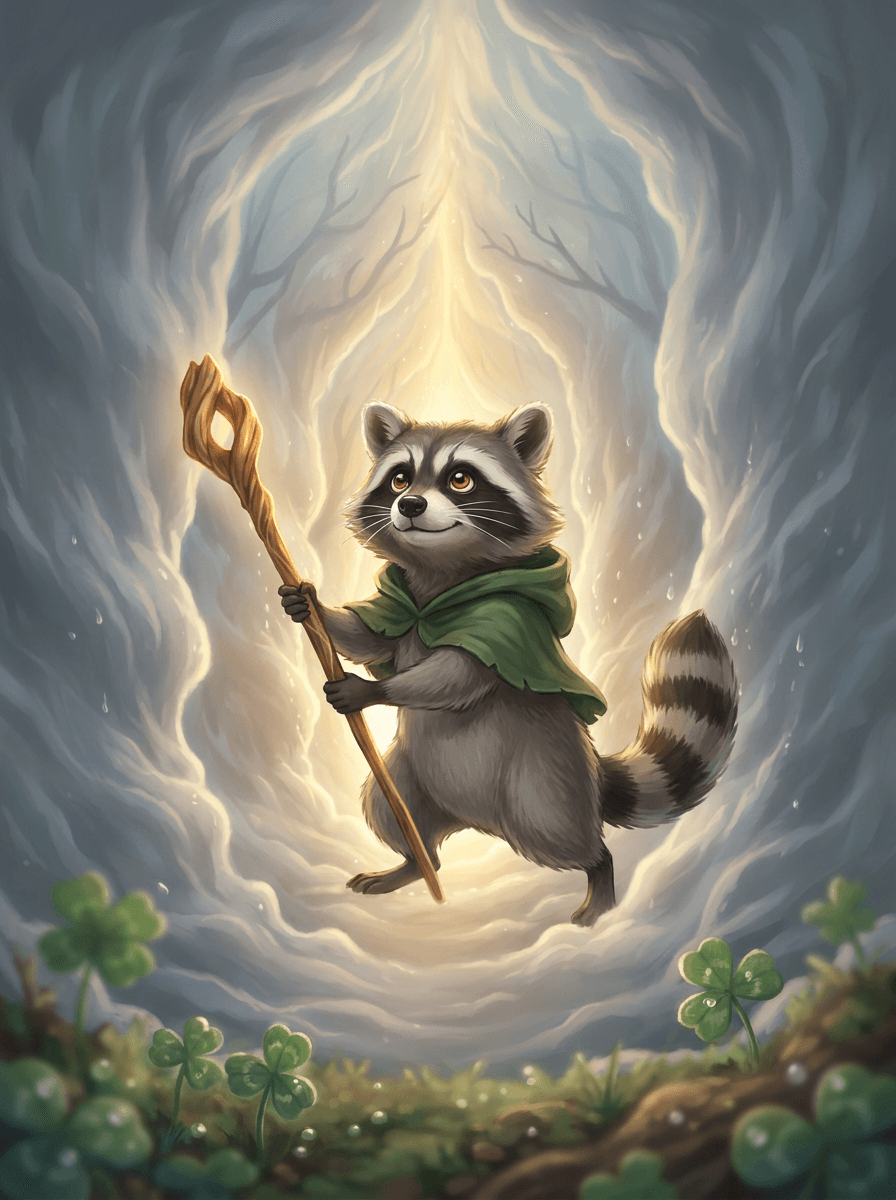 Raccoon with a glowing staff stands in a thick white fog.