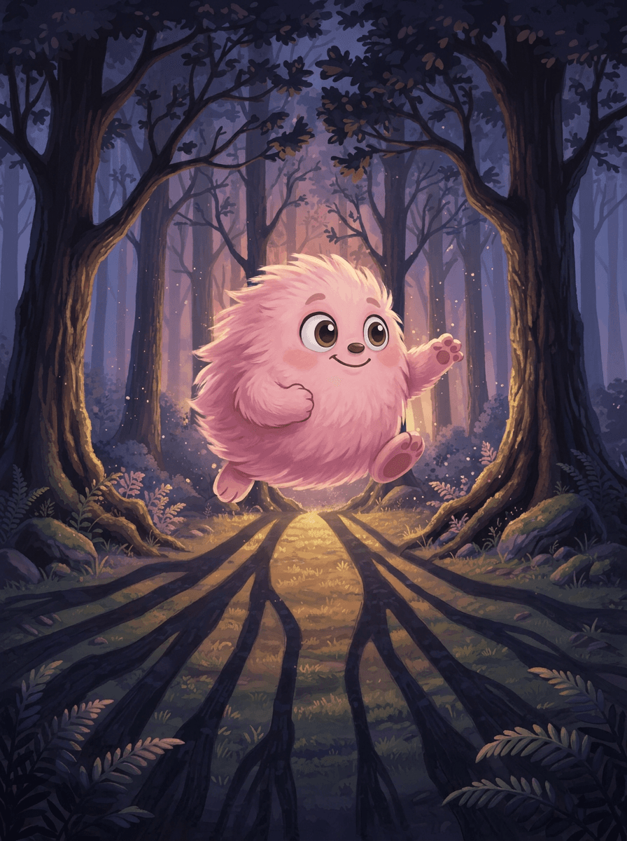 Рожевий малюк Fluffy грає в хованки серед довгих тіней магічного лісу.