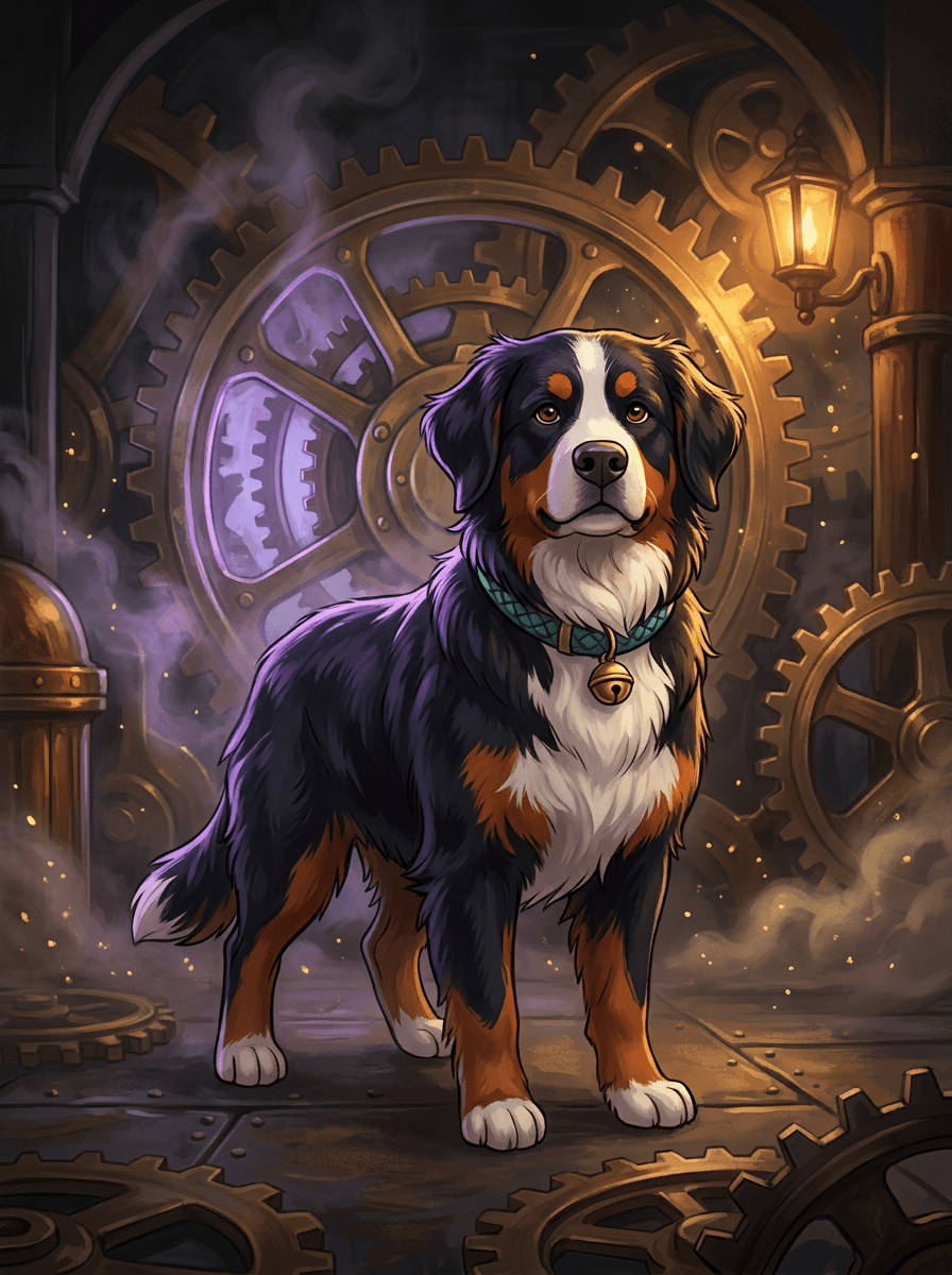 Trixi the Bernese Mountain Dog investigating a glowing brass machine in Oakhaven.