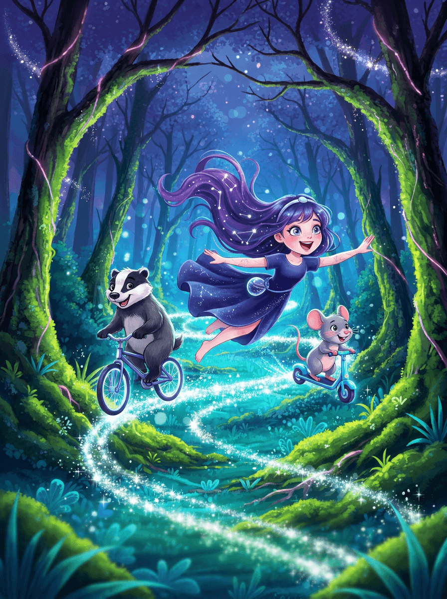 Nova, fetița stelară cu păr violet, pe o potecă magică în pădure.
