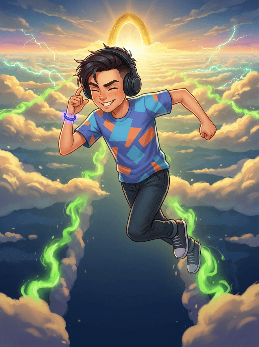 Echo wearing magical headphones running across fluffy clouds in a sky race.
