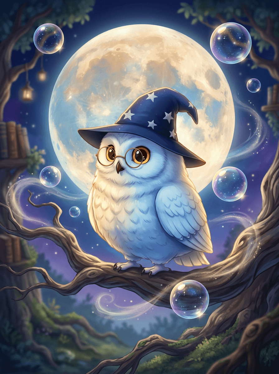 A coruja Luna de óculos dourados na floresta encantada com bolhas mágicas.