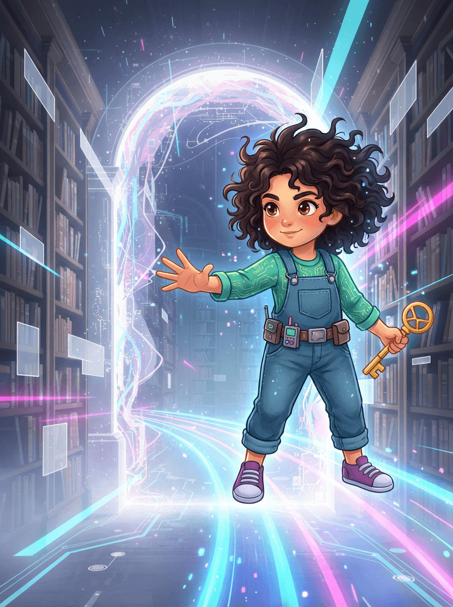 Sophie with curly hair stands in a glowing digital world of light.