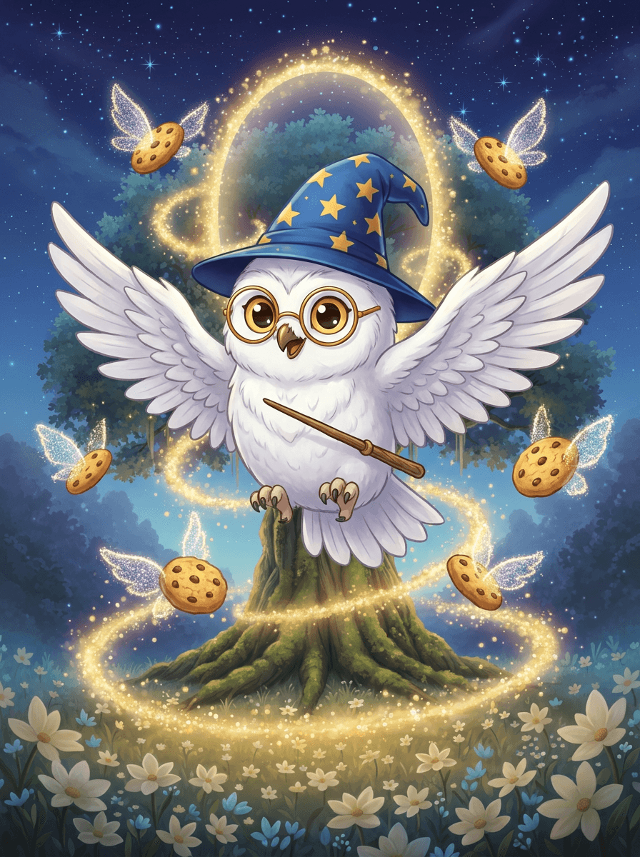 La lechuza Luna con gafas y gorro mágico bajo árboles del bosque.