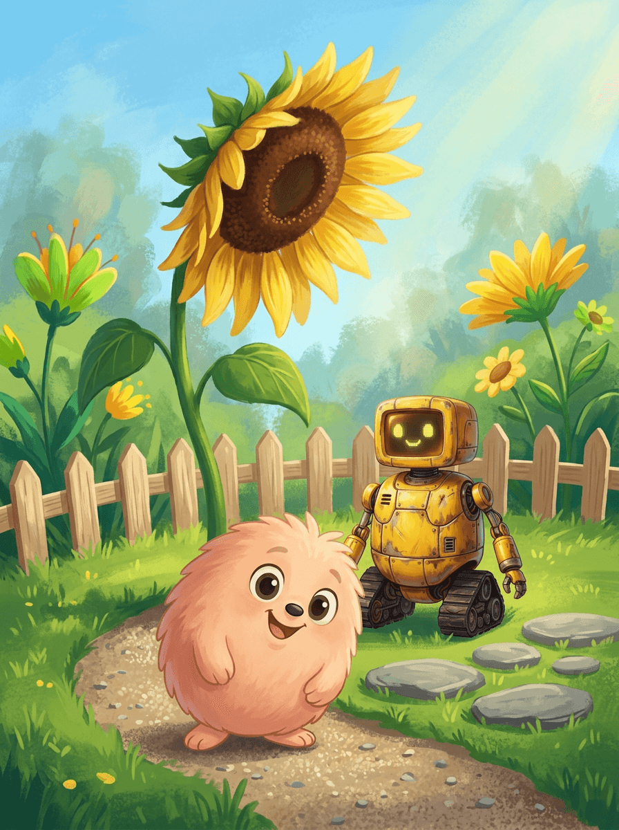 Fluffy und Robi erkunden gemeinsam einen farbenfrohen Garten voller Blumen.