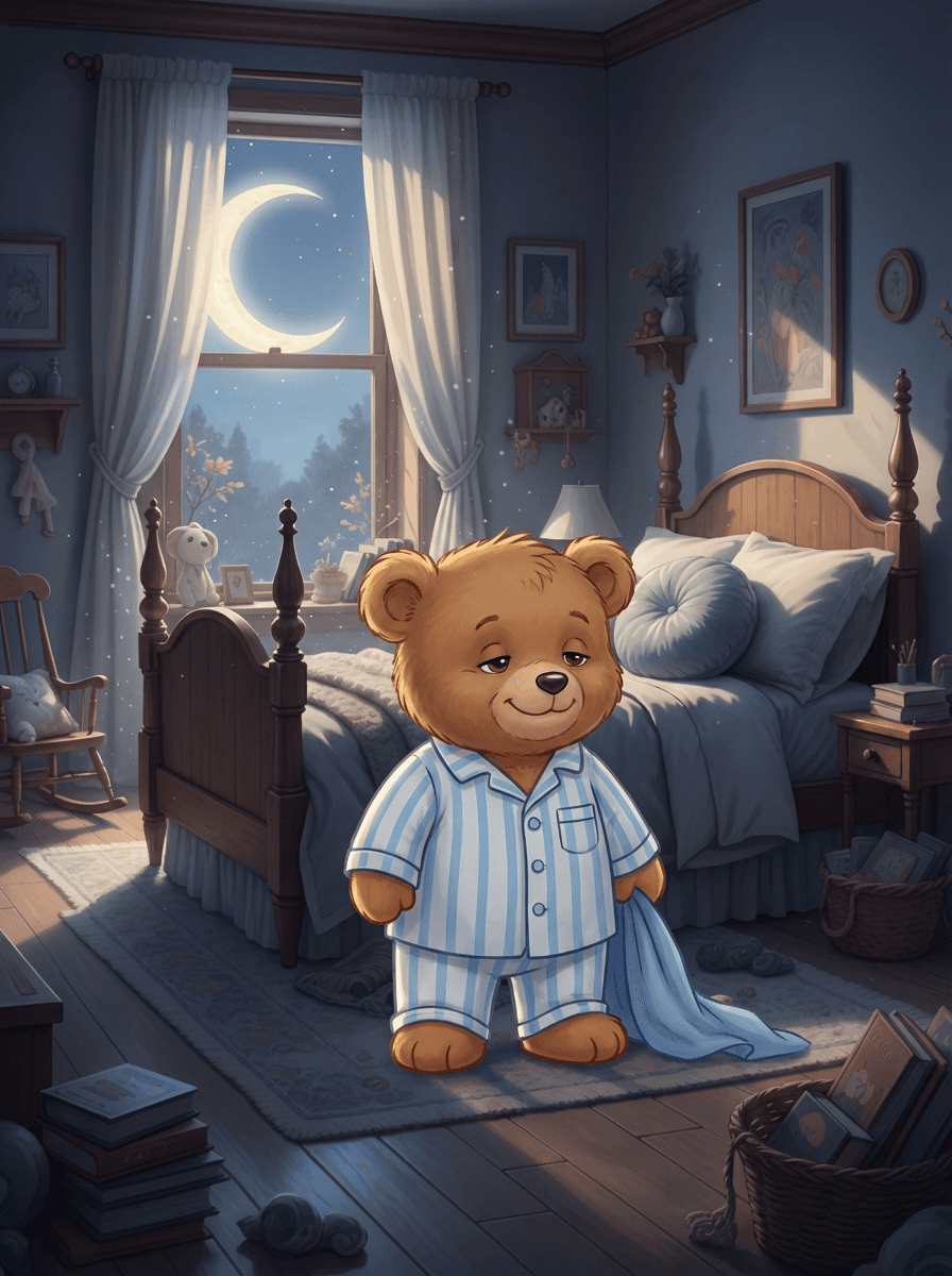 Medvídek Brumík v pyžamku láskyplně přikrývá své hračky v útulném pokojíčku.