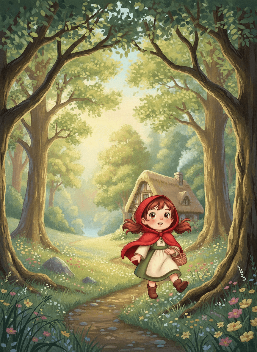 Červená Karkulka s košíkem v hlubokém lese u chaloupky babičky.