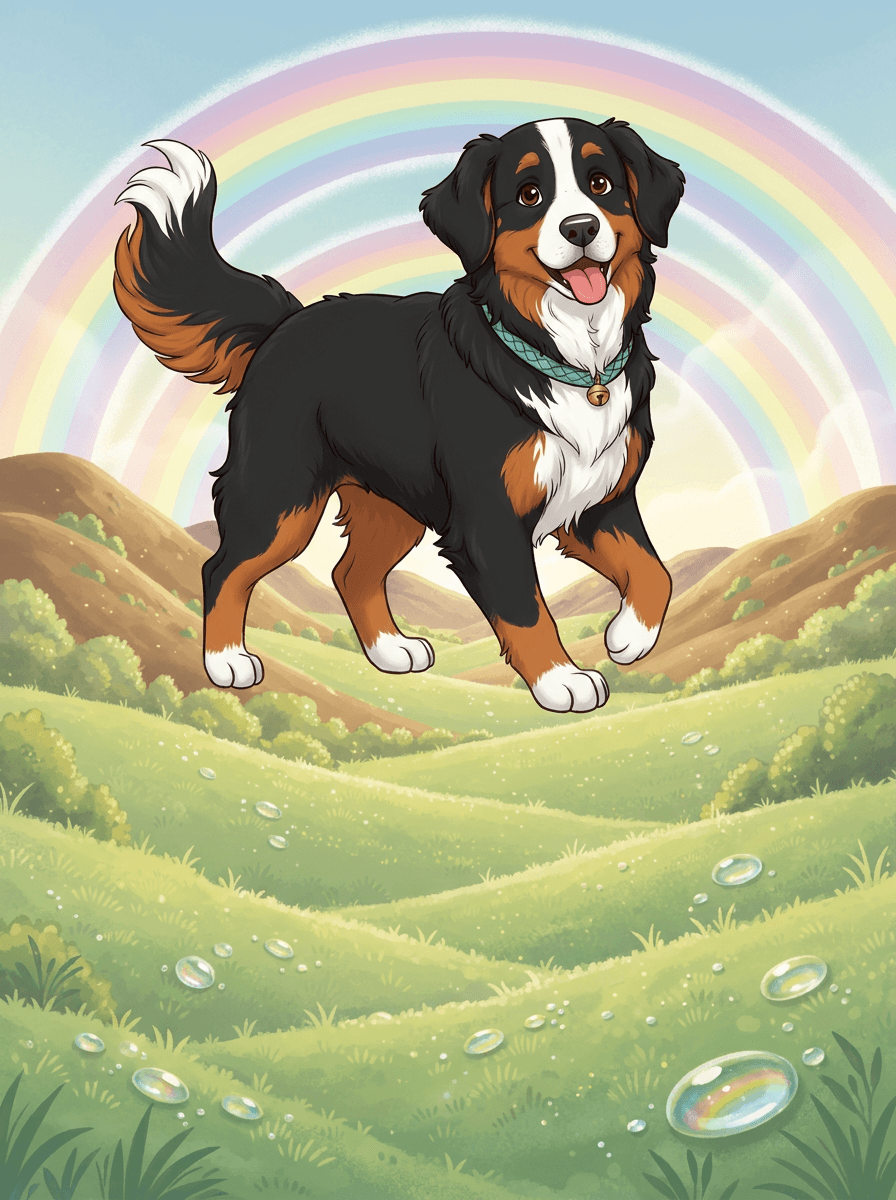 Berner Sennenhündin Trixi springt gemeinsam mit Zwergen über bunte Regenbögen.