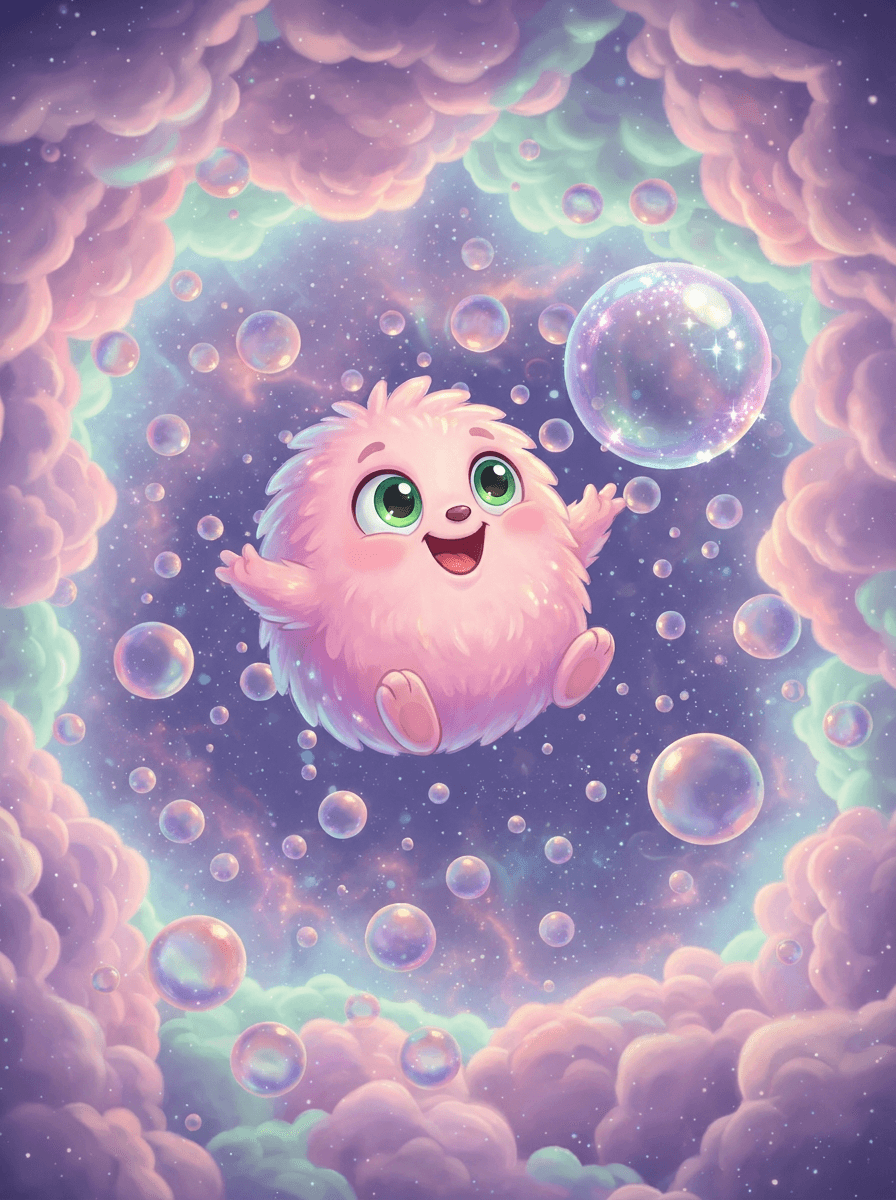 Fluffy exploratorul roz plutind printre bule colorate pe Planeta Bubbly-Boo.