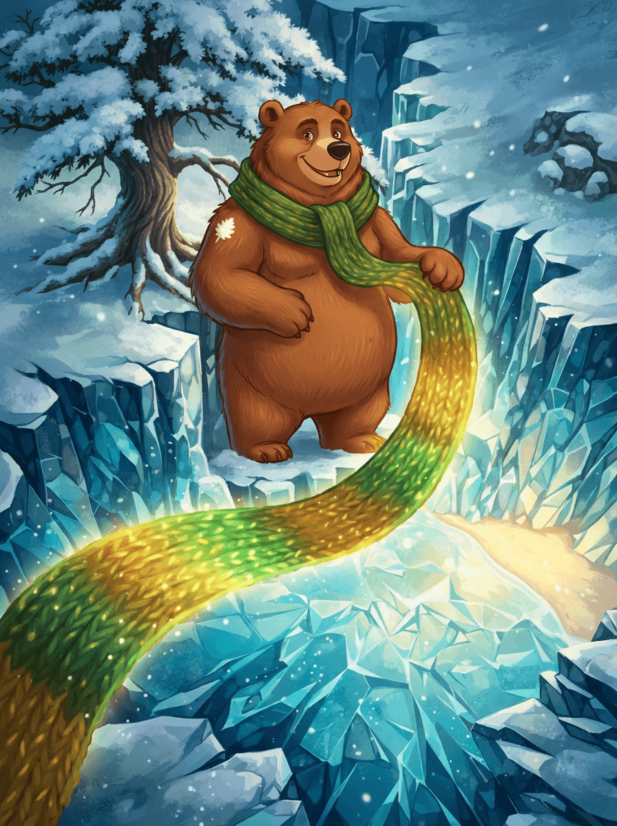 L'orso Bramble con la sua sciarpa magica nel bosco invernale ghiacciato.