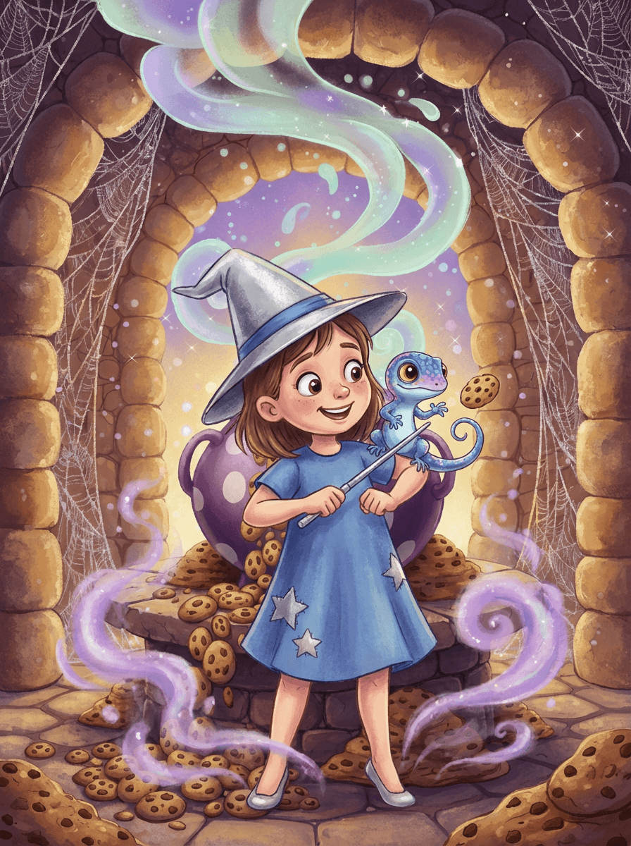 Pip the shimmering polka-dot lizard dances beside a pile of cookies.