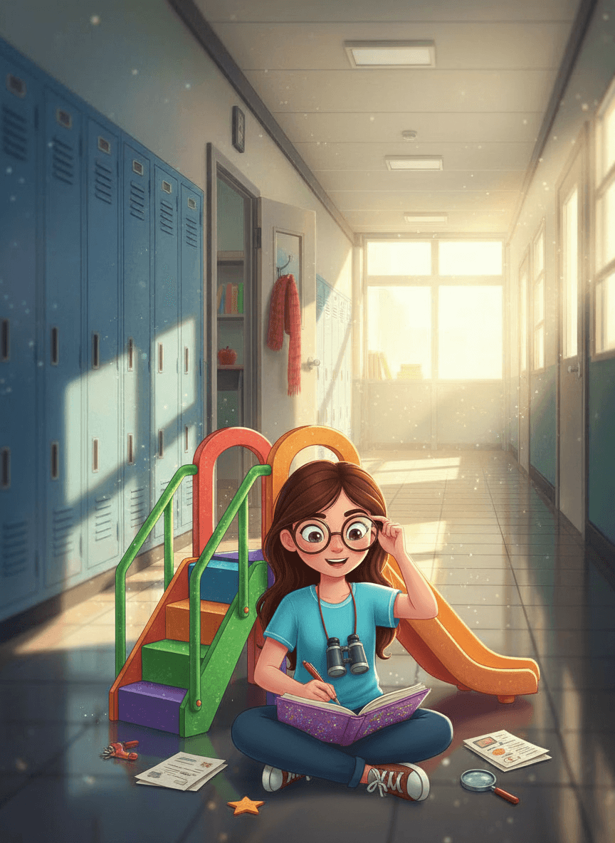 Two kids peer through school hallway plants at their teacher Mr. Sterling.