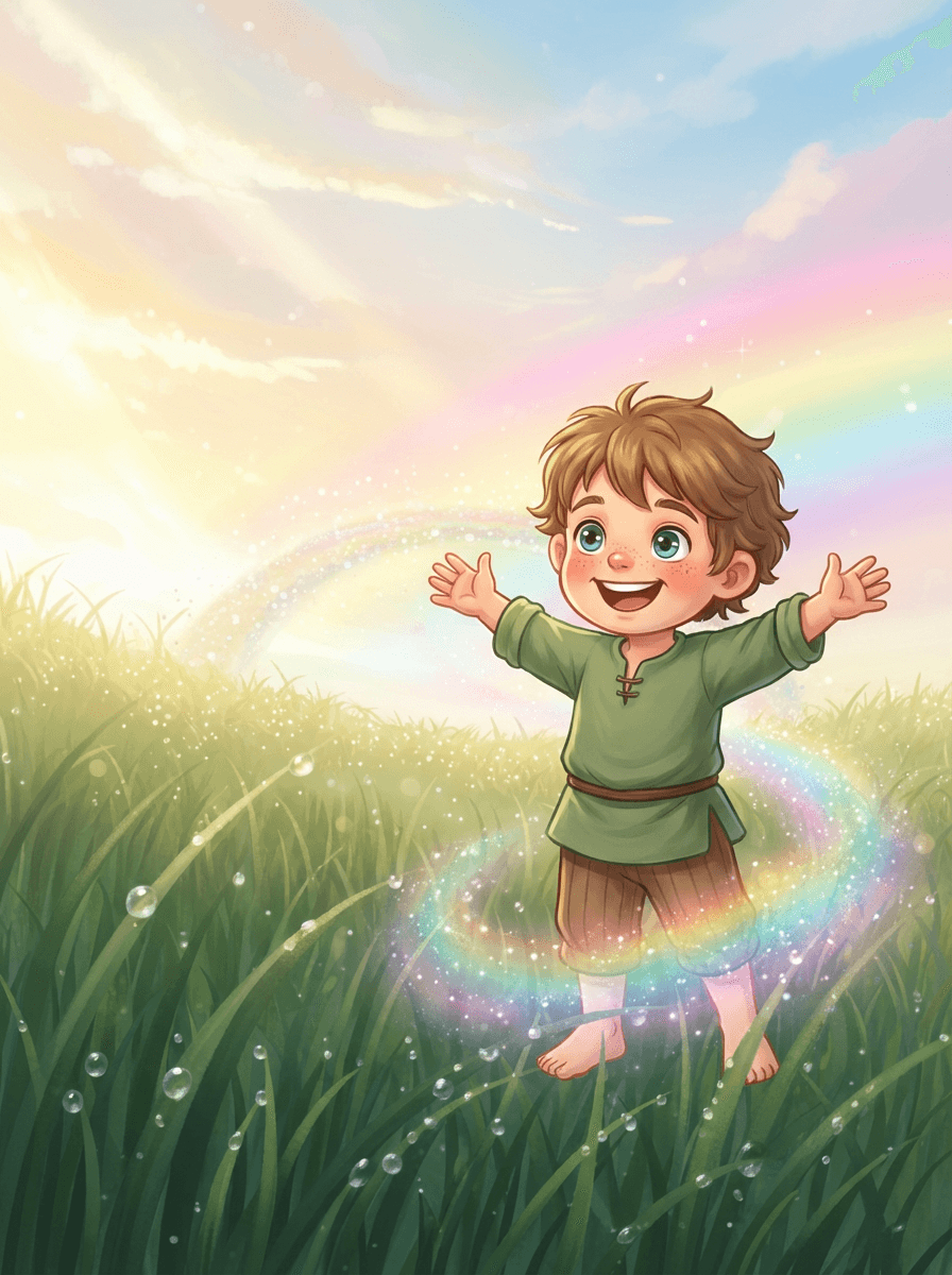 Malý Poutník stojí na začátku třpytivého mostu v magickém Barevném království.