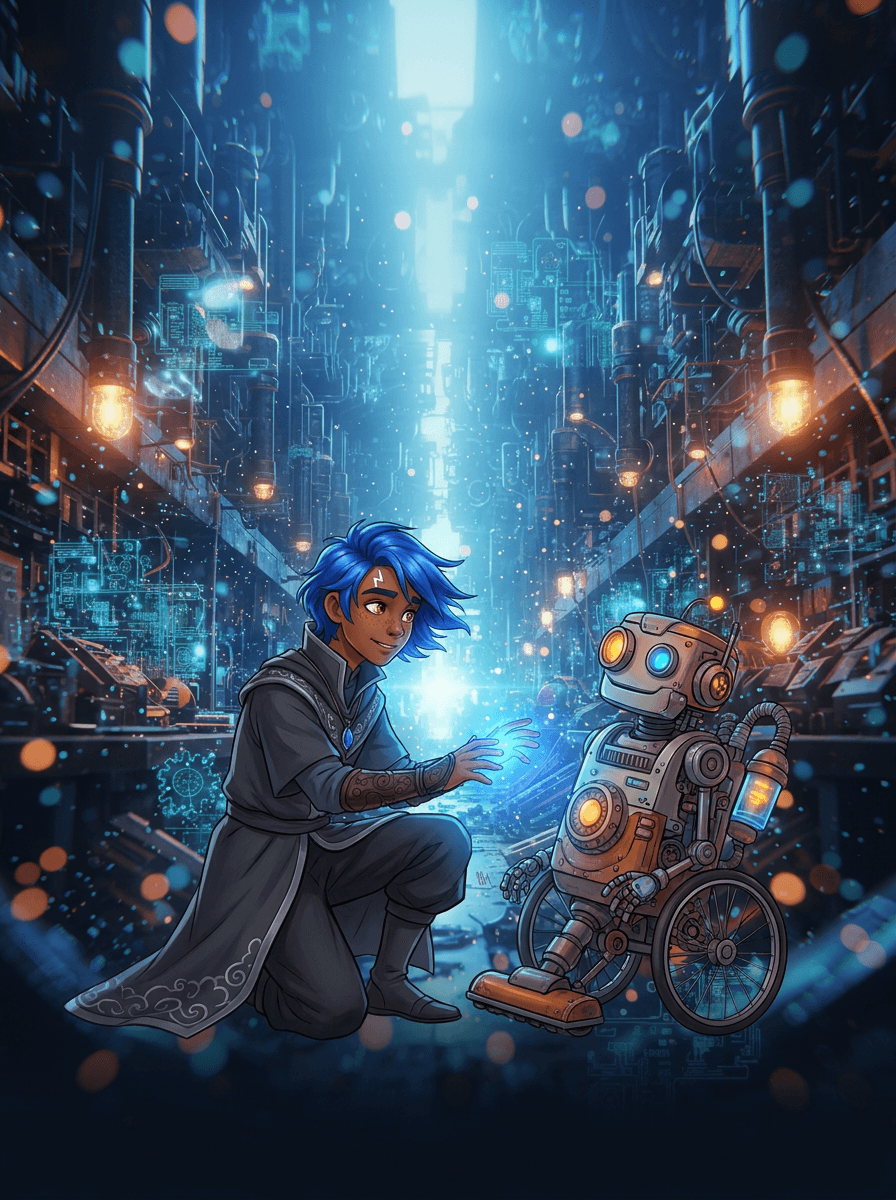 Ryu, a kék hajú fiú, mellette Brumm, a barátságos porszívórobot.