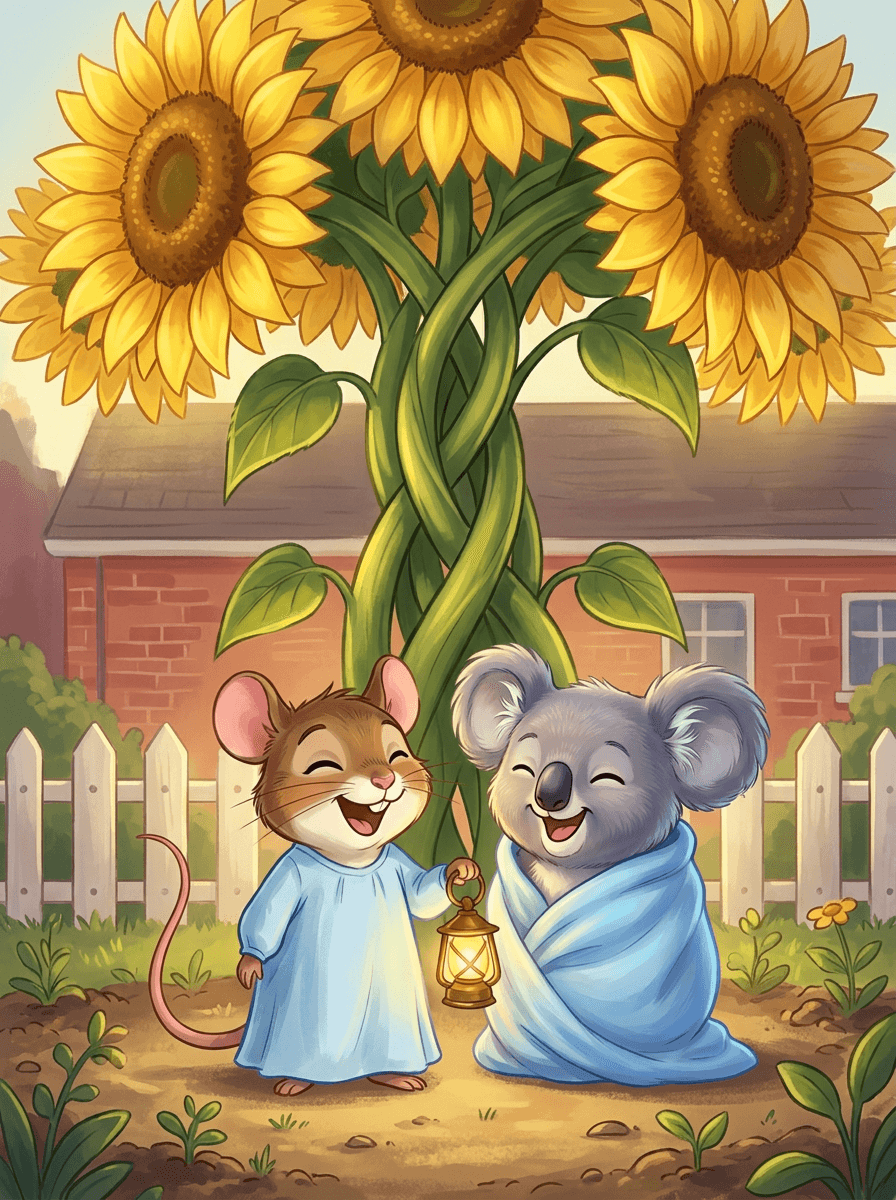 Pip och Mimi planterar magiska solrosfröer i en solig skolträdgård.