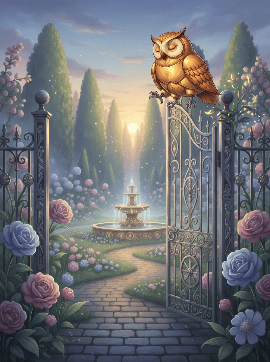 A golden brass sparrow perches on an iron gate in Victorian garden.