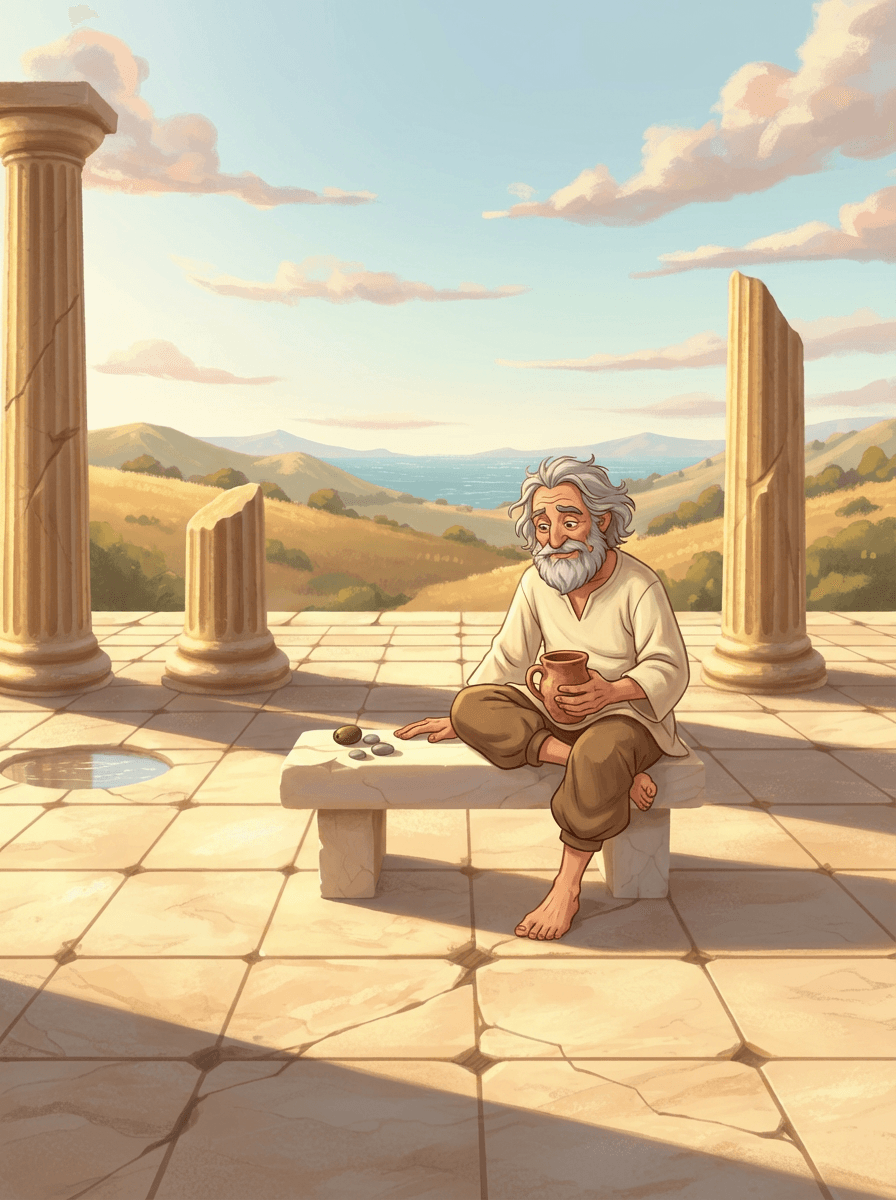 Moudrý filozof Aristonek se usmívá v prosluněných starověkých Athénách u olivovníku.