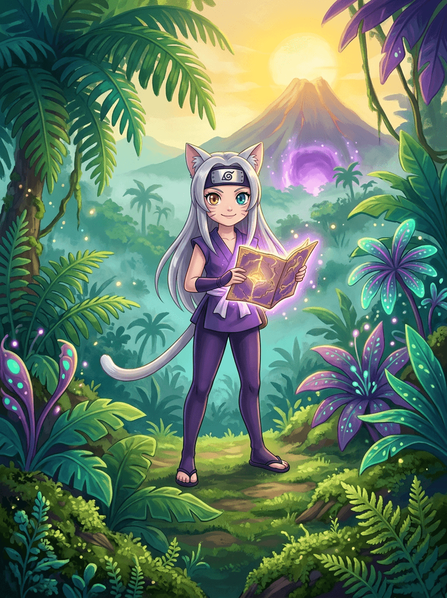 La ninja Shiki sostiene su mapa brillante frente a un dinosaurio bebé.