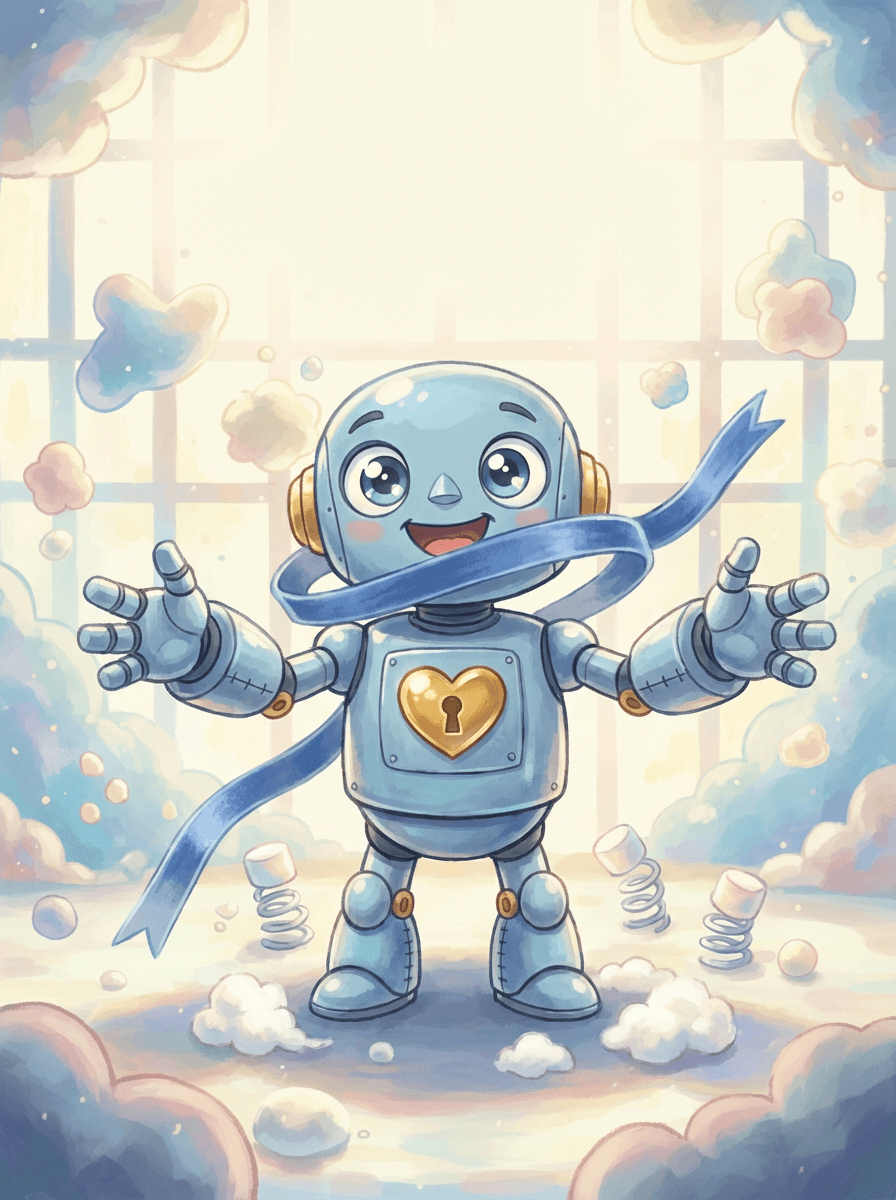 A small silver robot named Tink building a big fuzzy hug machine.