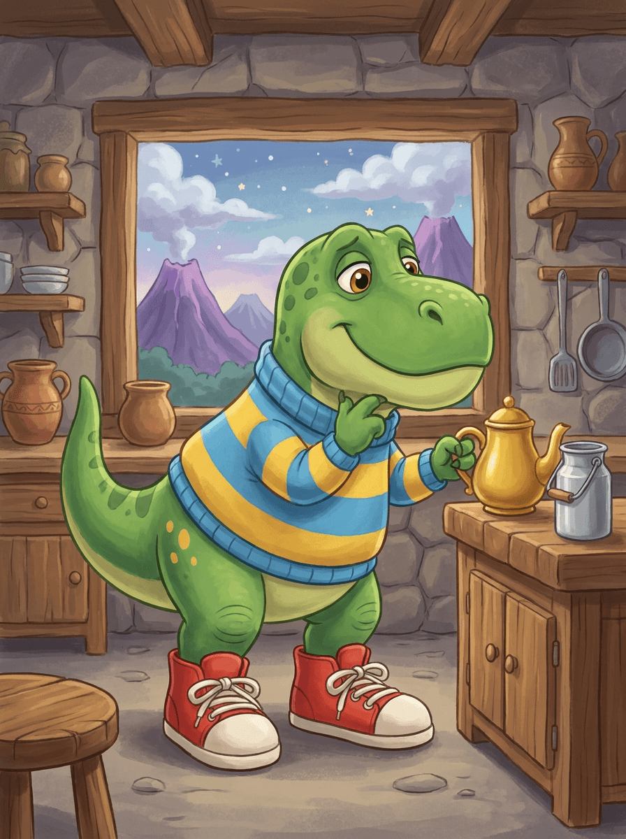 Rex the T-Rex wearing a striped sweater and red sneakers.