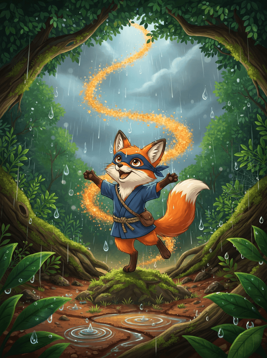 O raposinho ninja Cinder corre veloz pela Floresta das Folhas Douradas.