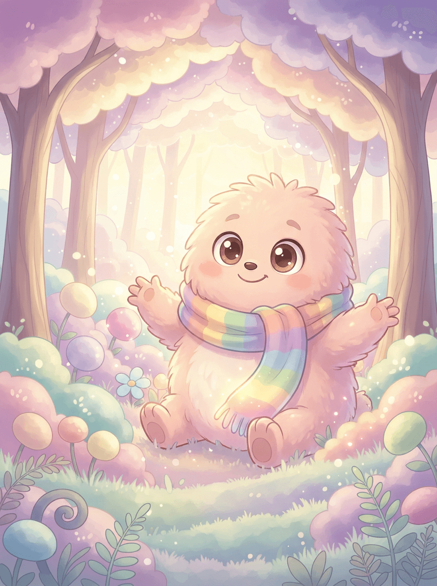 Růžový obláček Fluffy s barevnou šálou uprostřed pohádkového lesa.