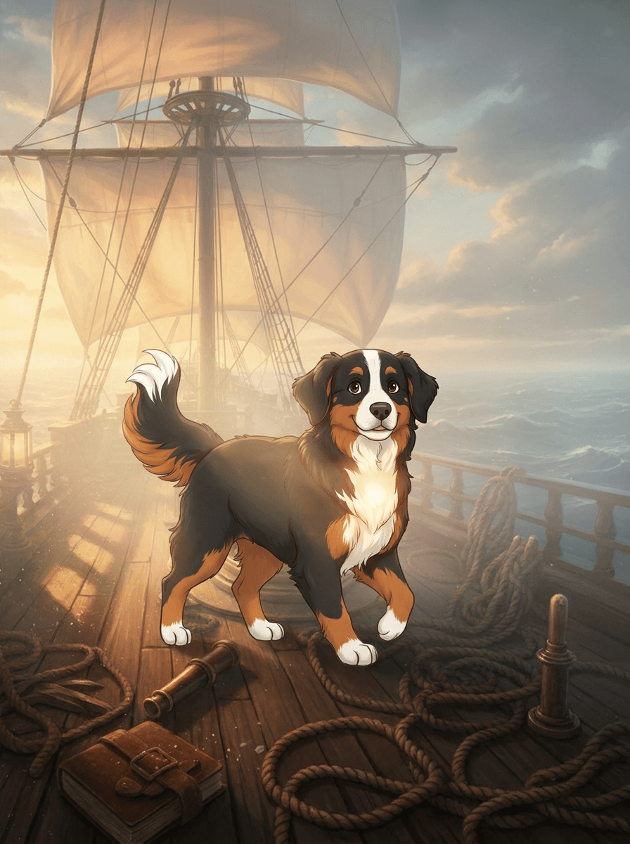 Trixi le Bouvier Bernois sur le pont d'un navire au XVIIIe siècle.